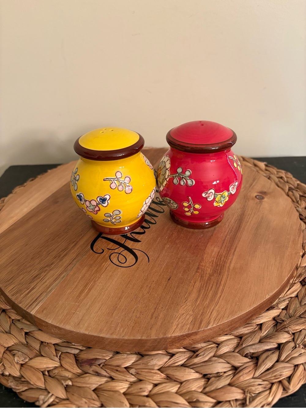Pier 1 Hand-Painted Yellow and Red Floral Salt & Pepper Shakers